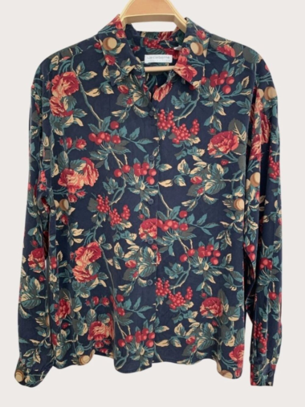 VINTAGE Liz Claiborne 100% Silk Floral Rose Berry Blouse Button Down M/L